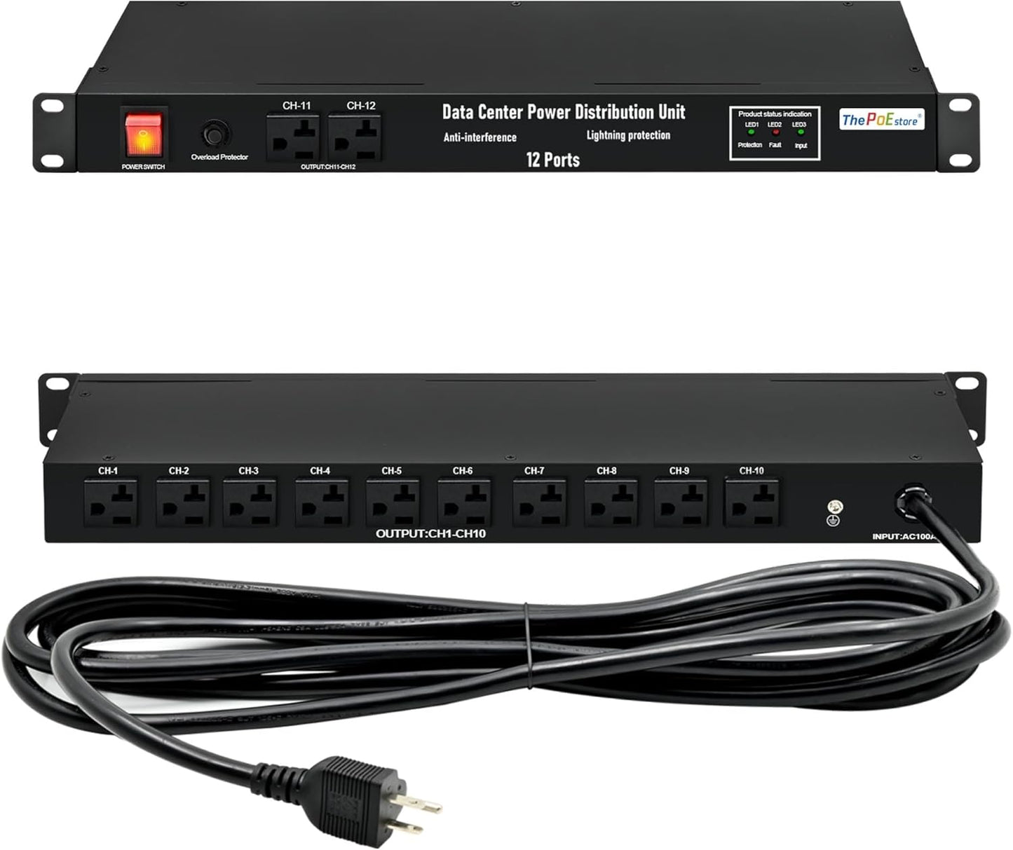 1U PDU Network Servers Surge Protector Power Distribution Unit 12-Outlet, 120V 20A, 3600 Joules 10KA,19″ Rack Mount Power Strip,Heavy-Duty 12AWG 16 ft Cord,w/AC Filter, ETL Listed, by ThePoEstore