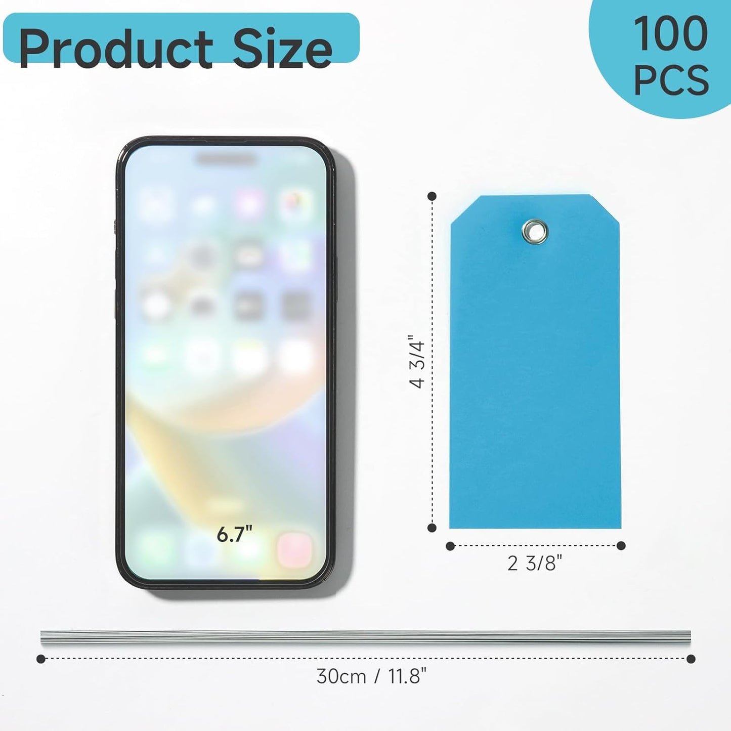 100 Plastic Shipping Tags with Wire - Waterproof, Reinforcement Hole, Durable Labels for Equipment Parts (Baby Blue, 4 3/4" x 2 3/8")