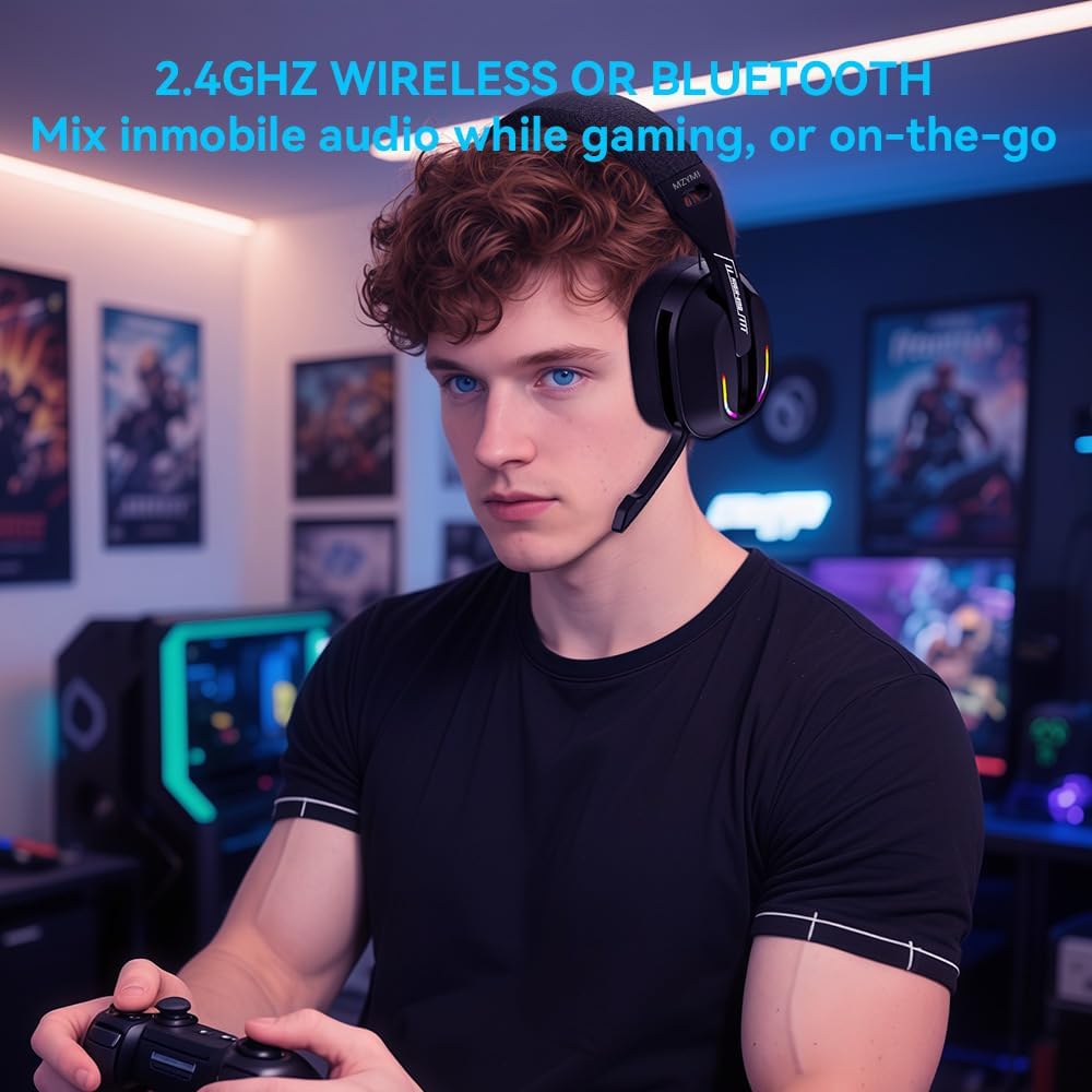 2.4GHz Wireless Gaming Headset for PC, PS5, PS4, Switch - Bluetooth 5.4, 20H Battery, with ENC Noise Canceling Microphone, Cool Lighting, 40mm Drivers,for Wired Mode Xbox Series -Black
