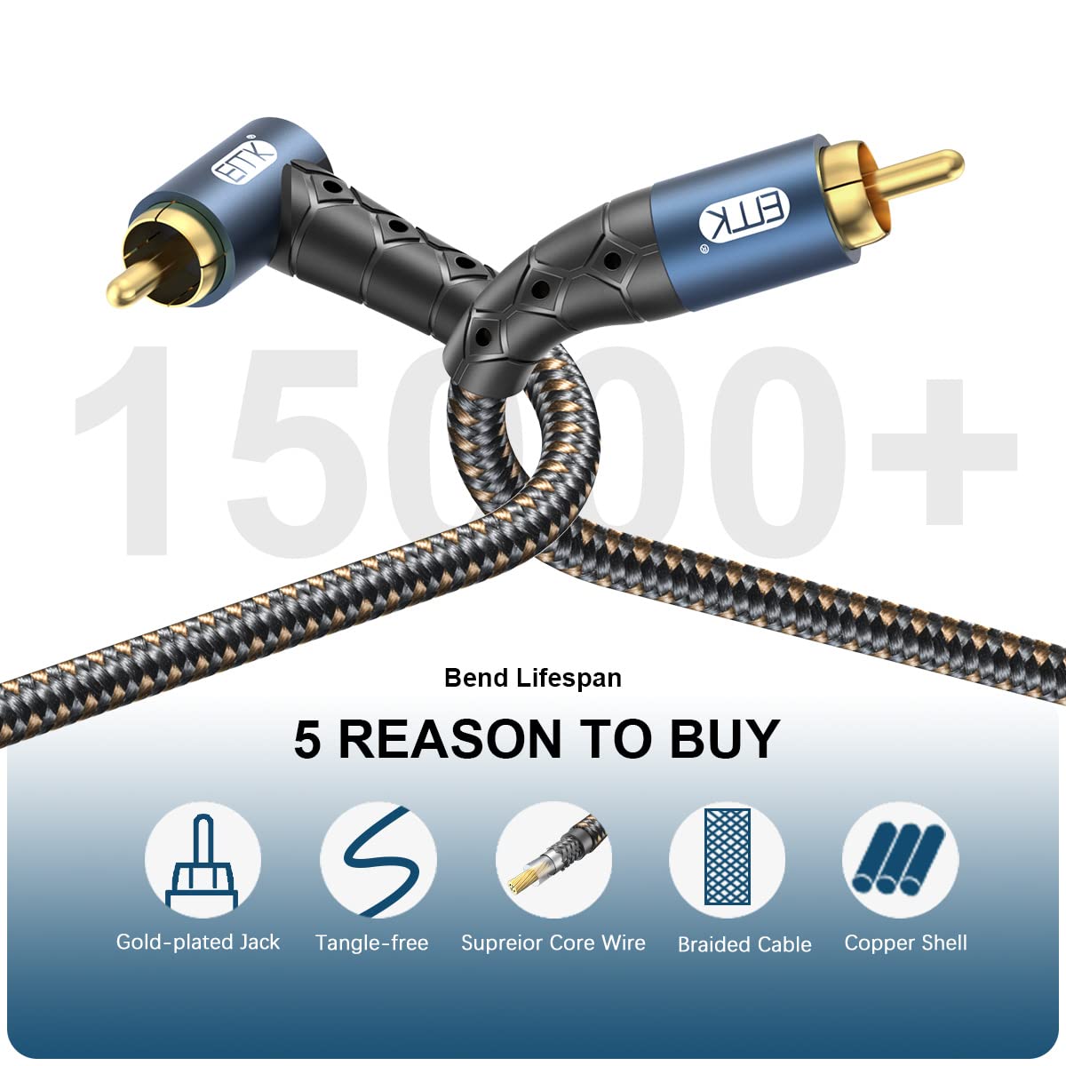 EMK RCA Subwoofer Cable 90 Degree RCA to RCA Audio Cable 24K Gold-Plated Nylon Braided Double Shielded Digital Analogue Supports Amplifiers,Home Theater,Hi-Fi Systems,Subwoofer(3.3ft/1m)