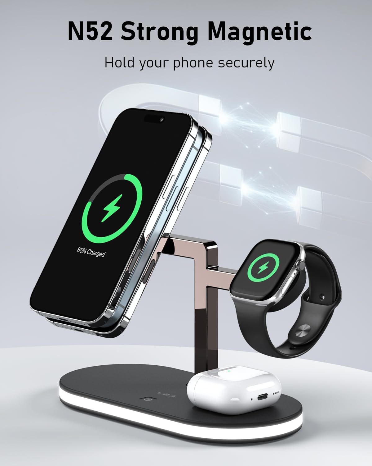 VBA 4 in 1 Wireless Charging Station for Apple MagSafe Charger,Fast Charging Magnetic Wireless Charger Stand with Night Light for iPhone 16 15 14 13 12 Series,Apple Watch,AirPods Pro 2 3 4 (Black)