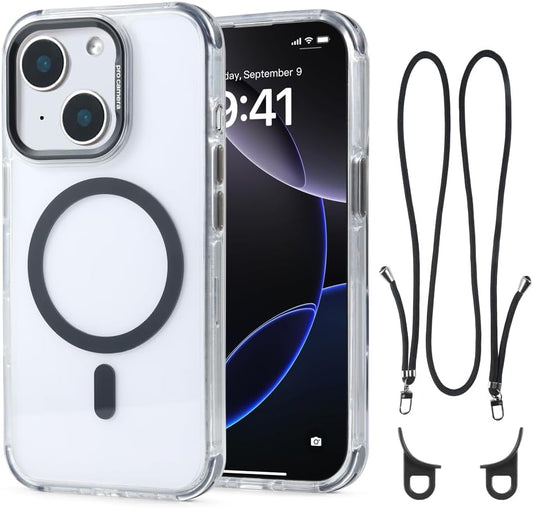 for iPhone 15 Case with 62.99 inch Lanyard, Classic Clear&Black Magnetic Phone Case, Drop&Shockproof Protection Cases, Phone Lanyard for Around The Neck, Compatible with Magnet Accessory