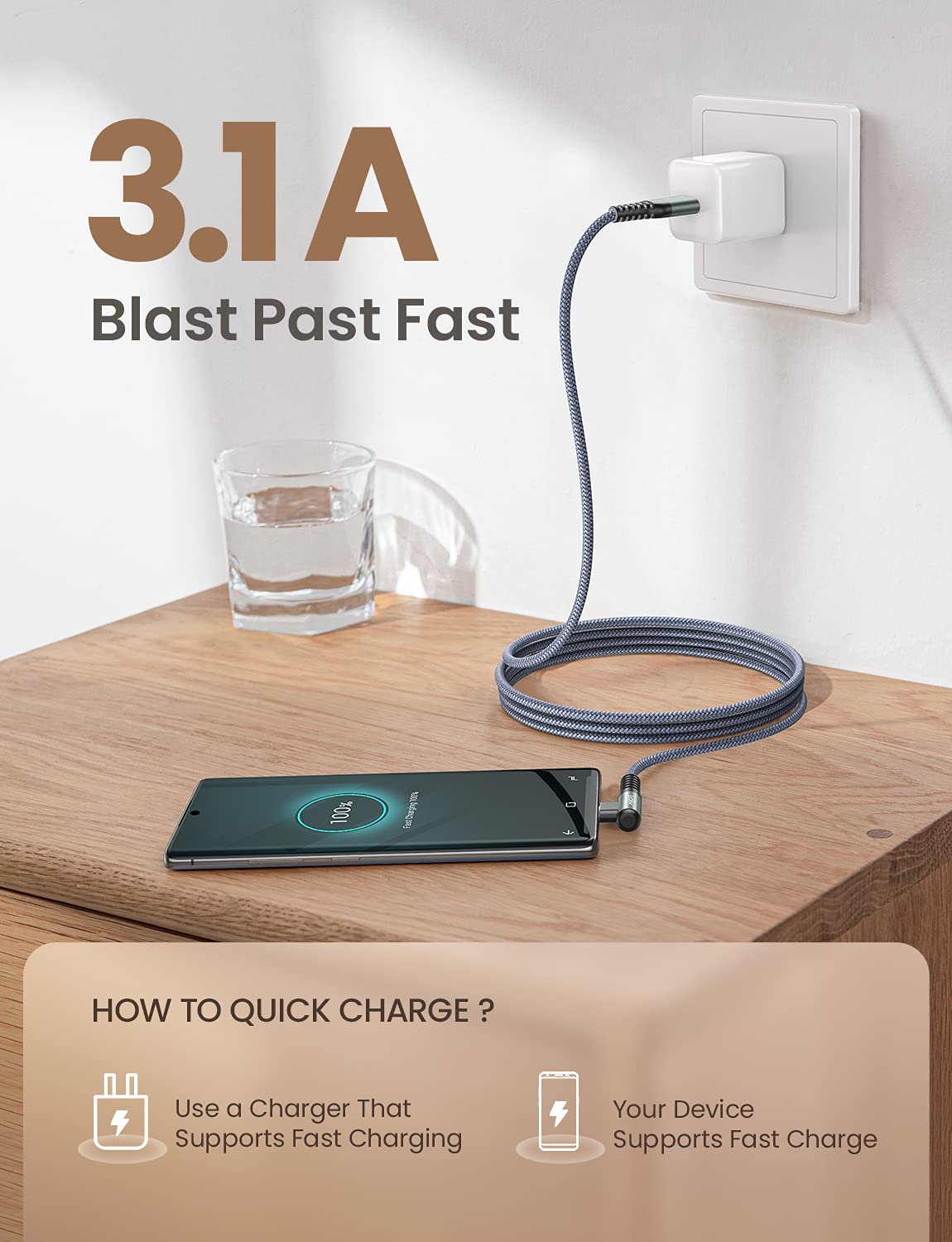 AINOPE Type C Cable [3-Pack, 6.6FT] Right Angle, 3.1A USB Type C Cable Fast Charging, Nylon Braided Type C Charging Cable Fast Charger Compatible with Samsung Galaxy S10 S9 S8 S20 Plus, Note 10 9 8