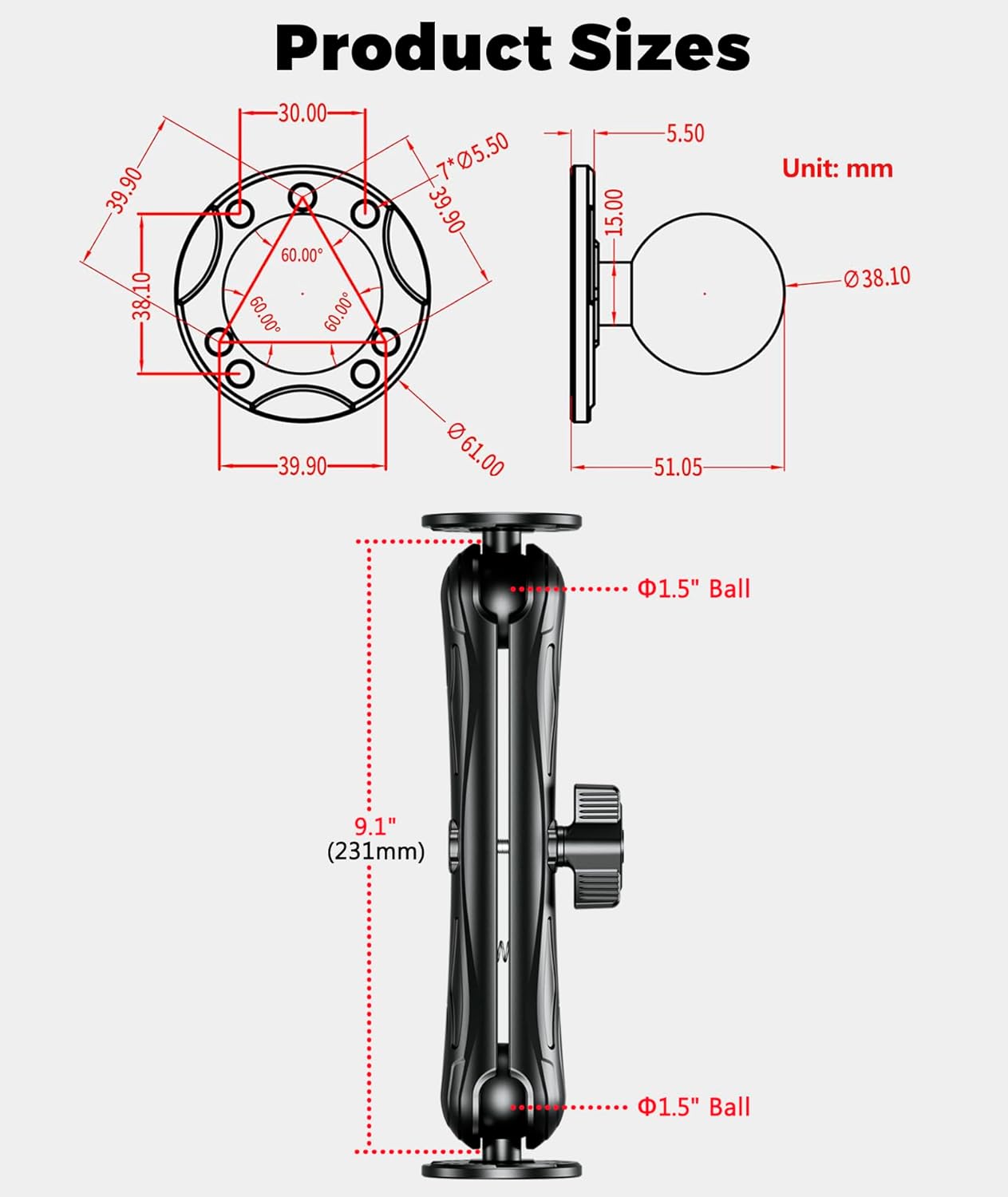 Aluminum Alloy Fish Finder Mount with 1.5" Ball AMPS Hole Round Plates, 9.1" Long Arm Marine Electronic Mount Tablet Holder for Garmin, Lowrance, Humminbird, Raymarine and More