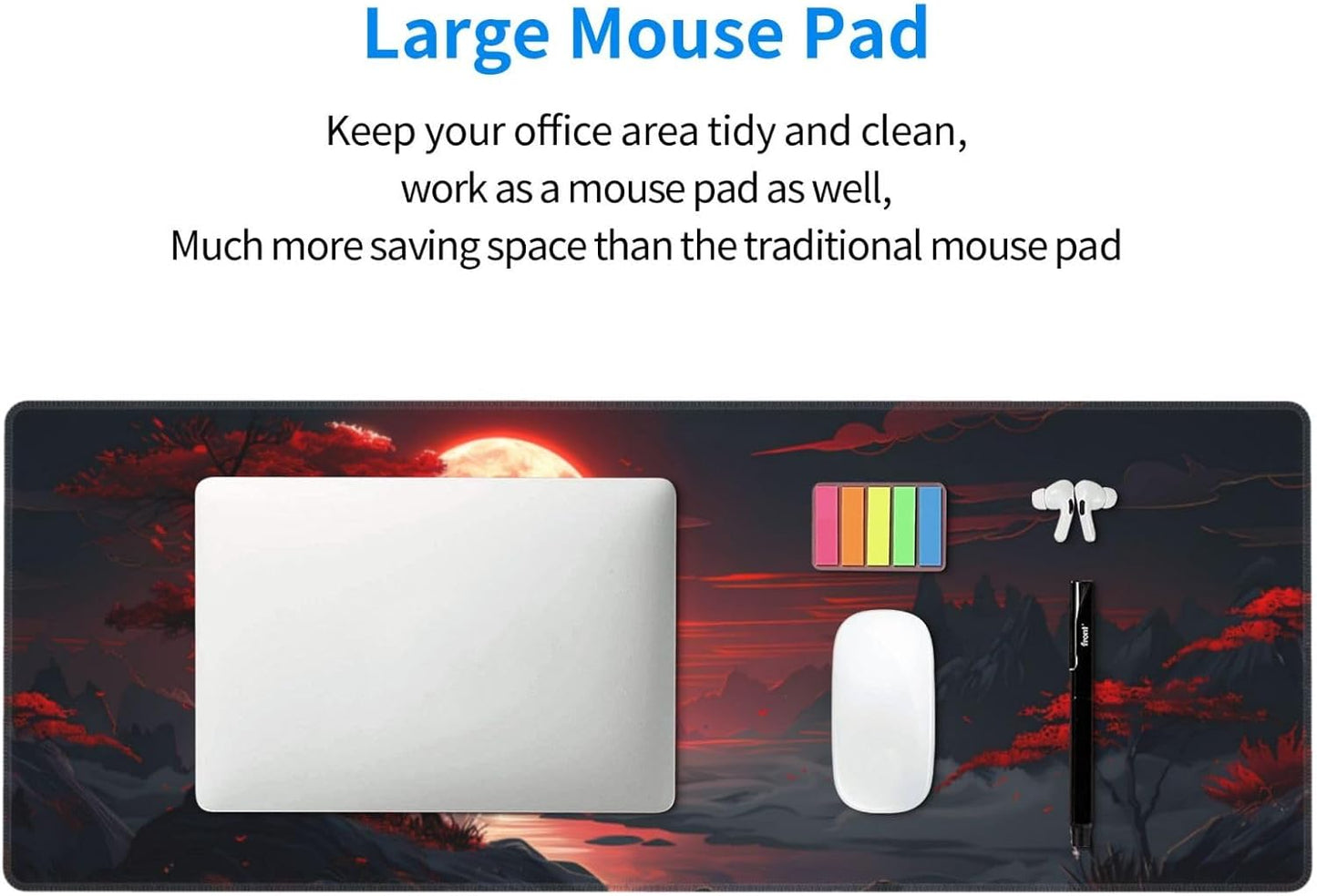 Extended Gaming Mouse Pad, Large Desk Mat XL Anime Mouse Pad Waterproof with Stitched Edges, Non-Slip Desktop Pad for Home and Office, Level Up Your 31.5x11.8 Inch (Darkness Red Moon)