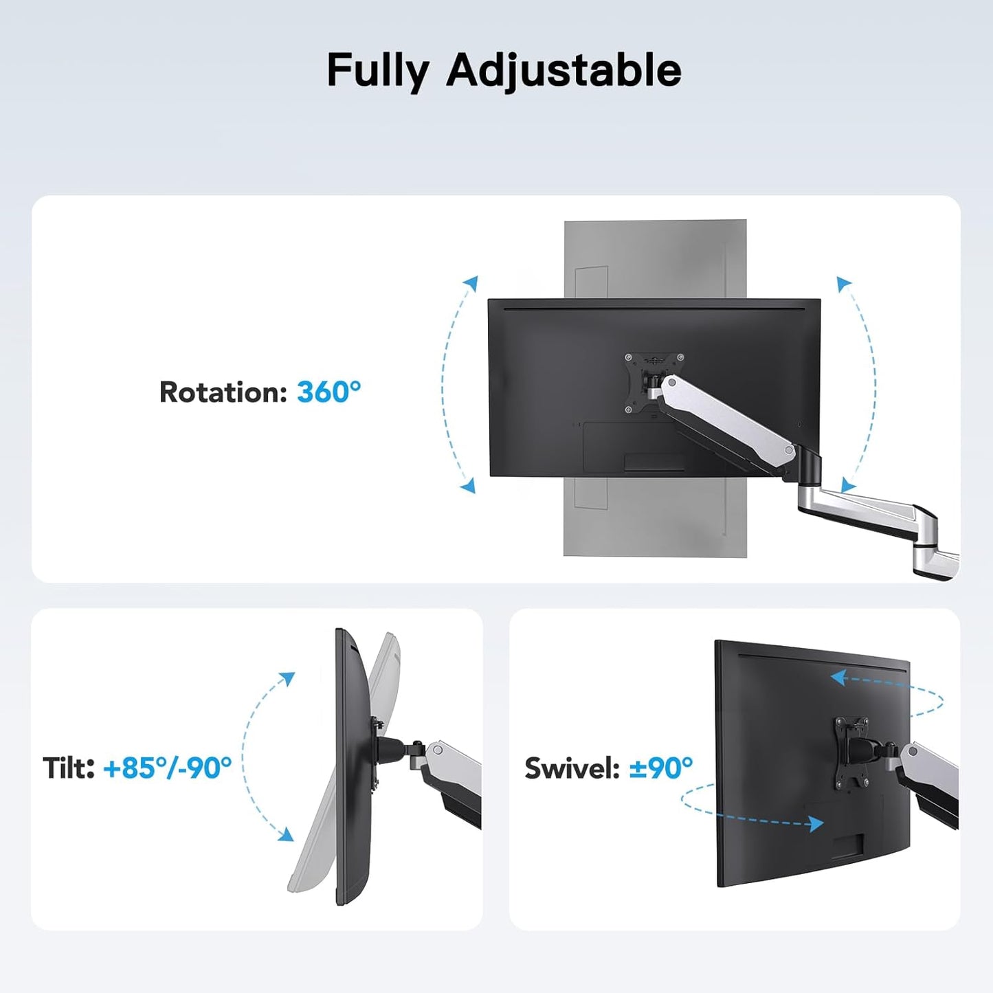 HUANUO Triple Monitor Stand - Full Motion Articulating Gas Spring Monitor Mount Fit Three 17 to 32 inch Flat/Curved LCD Computer Screens with Clamp, Grommet Kit, Silver