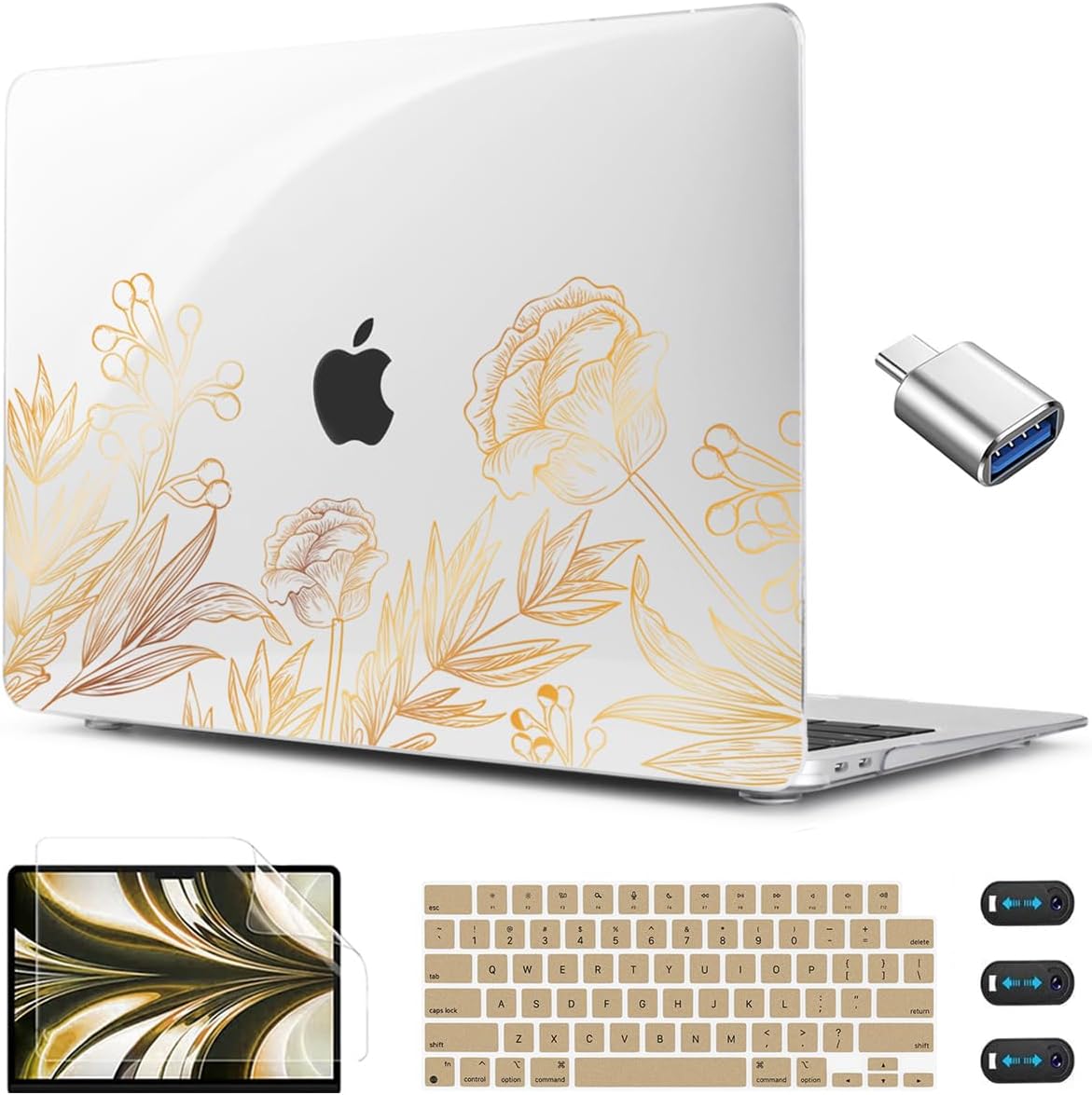 CISSOOK for MacBook Air 13.6 inch Case A3240 A2681 A3113 Release 2022 2023 2024 2025, Plastic Hard Shell Case Keyboard Cover for MacBook Air 13 inch M2 M3 M4, Gold Floral Blossom