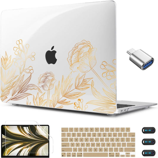 CISSOOK for MacBook Air 13.6 inch Case A3240 A2681 A3113 Release 2022 2023 2024 2025, Plastic Hard Shell Case Keyboard Cover for MacBook Air 13 inch M2 M3 M4, Gold Floral Blossom