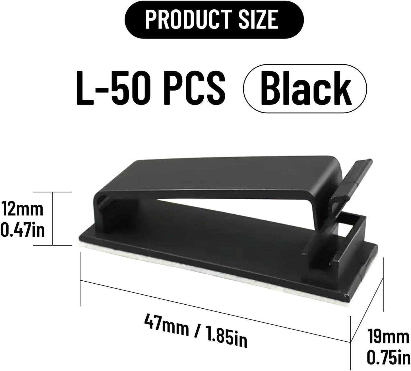 Adhesive Cable Clips Holder, Outdoor Light Clips, Black Cord Wire Clips, Sturdy Nylon Cord Wall Finisher Wire Clamp for Home, Car, Office Desk Wire Management (Black, L-50 PCS)