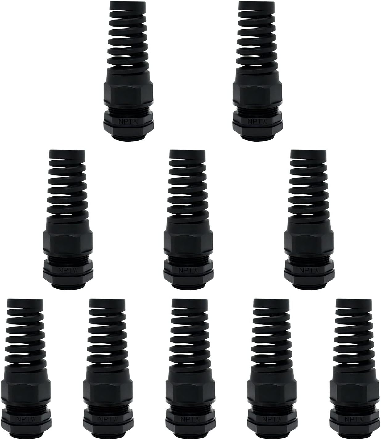 LeMotech 10Pcs NPT 1/4" IP68 Waterproof Cable Gland Flex Spiral Strain Relief Black Nylon Joint with Gaskets for 4-8mm Wire Thread