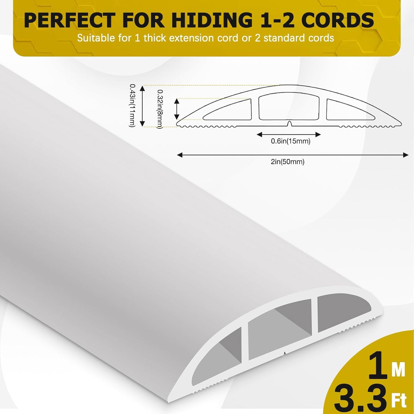 Floor Cord Cover 3.3FT Cord Covers for Wires on Floor Protect Wires & Prevent Trip Hazards, Easy to Cut for Home, Office, School, Concerts, Cavity W0.6in x H0.32in
