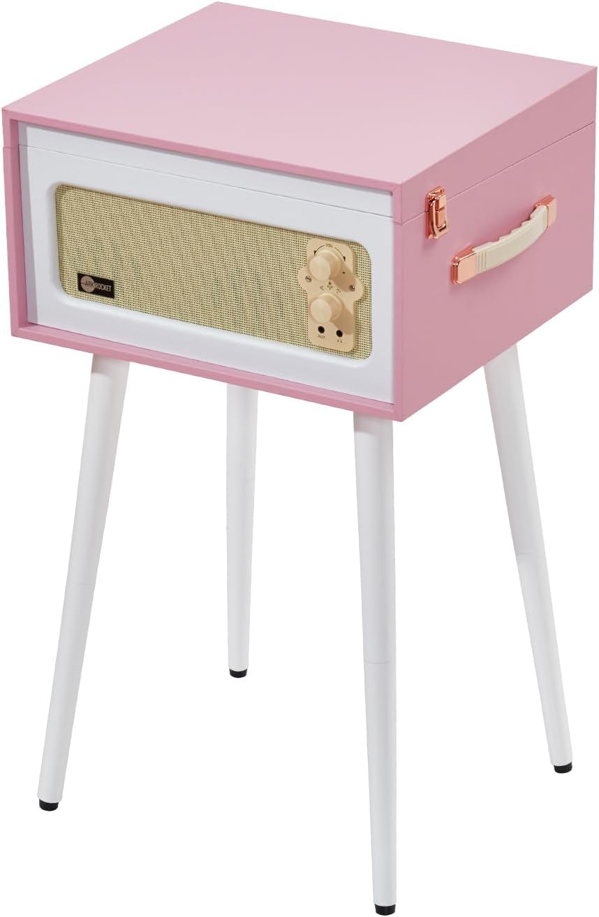 Arkrocket Discovery II 3-Speed Bluetooth Record Player Retro Console Turntable with Built-in Speakers and Removable Legs (Pink/White)