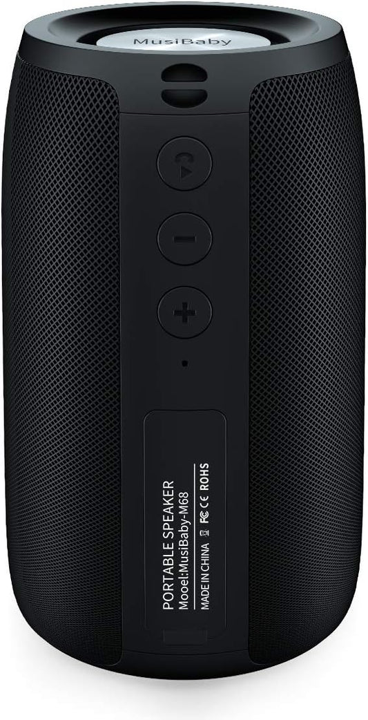 Bluetooth Speaker,MusiBaby M68 Small Portable Speaker:Speaker with BT5.3,Waterproof,Wireless,Bass,HD Sound,24H Playtime for Outdoor，Beach,Party,Stocking Stuffers,White Elephant Gifts(Blk)