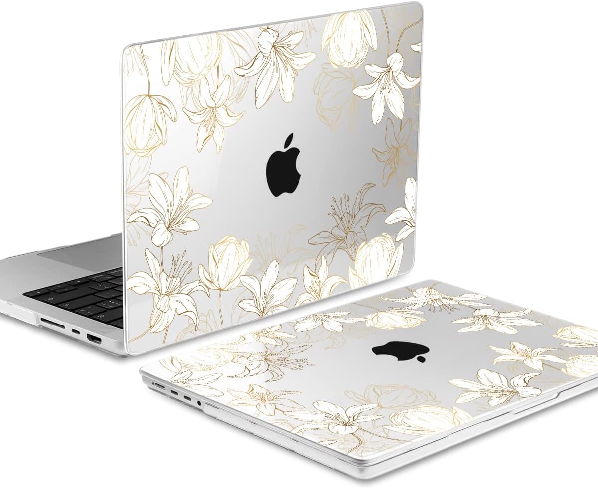 DONGKE for M4 MacBook Pro 16 Inch Case 2024 2023 2021 A3403 A3186 M3 A2991 M2 A2780 M1 A2485 Pro/Max Chip, Plastic Hard Shell Case & Keyboard Cover for Mac Pro 16 with Touch ID, Gold Floral
