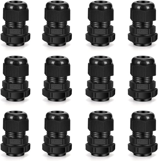Cable Gland 12 Pack 1/2" NPT Waterproof Adjustable Connector Strain Relief Cord Connectors Joints Nylon with Gaskets…