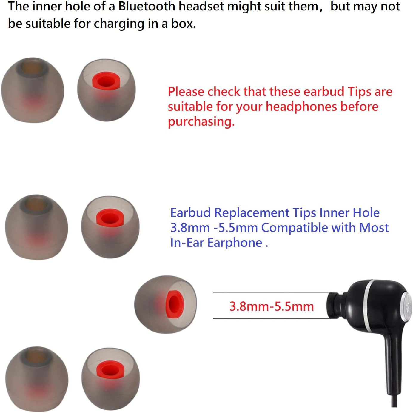 36 Pieces Medium Earbud Tips Soft and Comfortable Ear Bud Replacement Pieces Silicone Fit Most in-Ear Headphones，Inner Hole 3.8mm -5.5mm，Medium Black and Red Earbud Replacement Tips