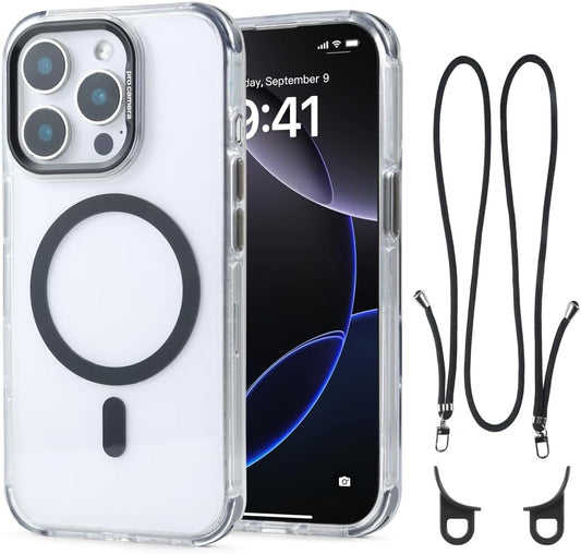 for iPhone 15 Pro Max Case with 62.99 inch Lanyard, Classic Clear&Black Magnetic Phone Case, Drop&Shockproof Protection Cases, Phone Holder Lanyard, Compatible with Magnet Accessory