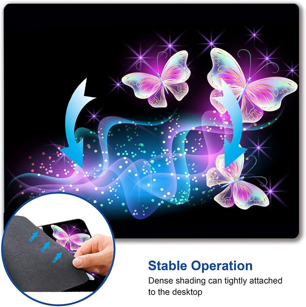 IMAYONDIA Glowing Night Pink Butterflies Mouse Mat - Square Waterproof Non-Slip Rubber Base Mouse Pad for Computer Laptop