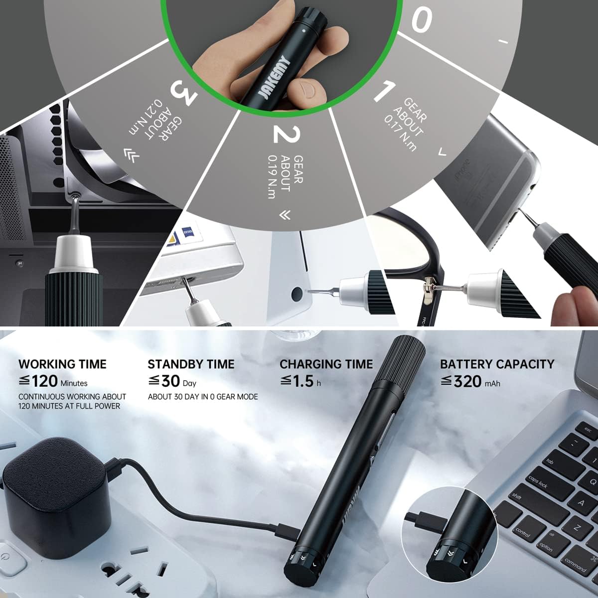 JAKEMY Electric Mini Laptop Screwdriver Repair Tool Kit Cordless Torque Power Gear Adjustable with Light Manual&Automatic Screwdriver Rechargeable for Phone,Consoles,Toys,Ect