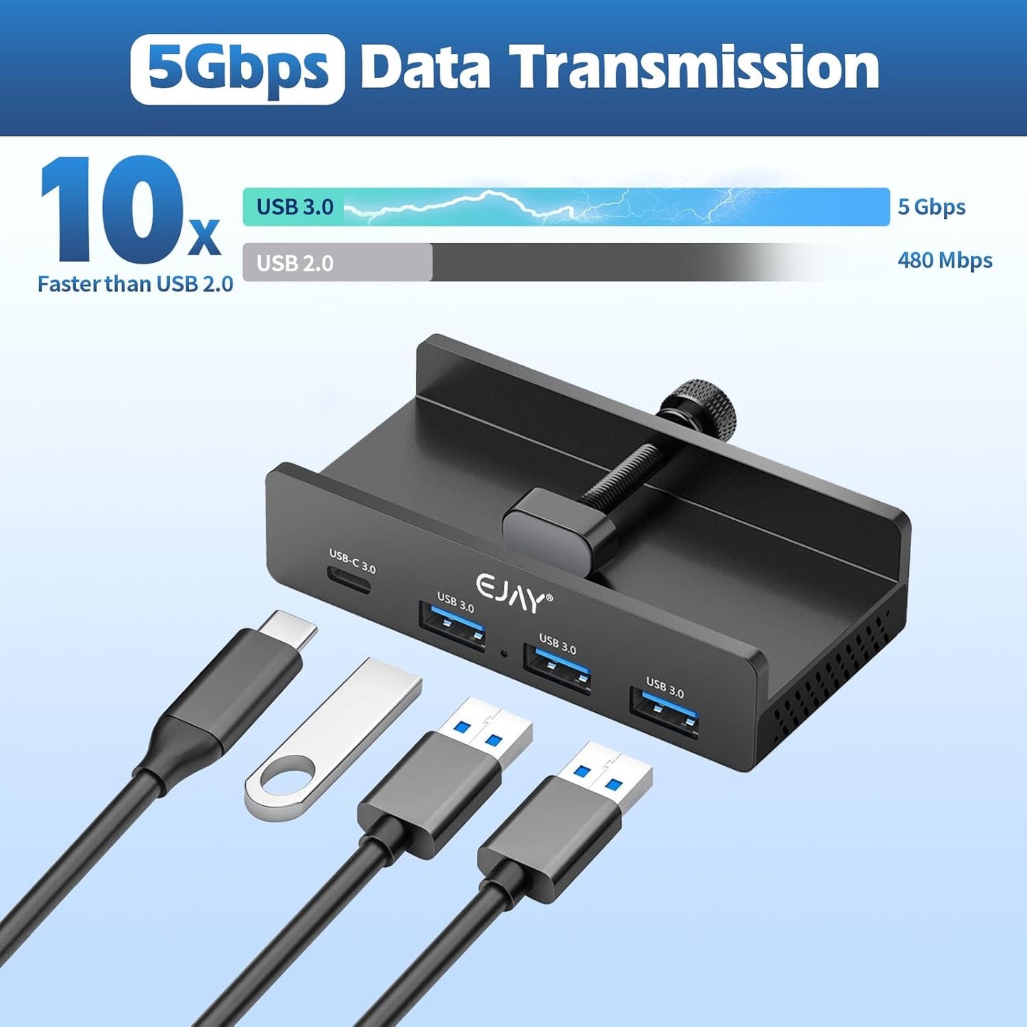 EJAY Mountable 4Ports USB3.0 HUB Alu Desktop Clamp Type C USB3.0 Splitter for Desk/Monitors with Extra Power Supply Port,59inches Data & 39inches Power Cables-5Gbps(3A1C) (JK-3A1C-BK)