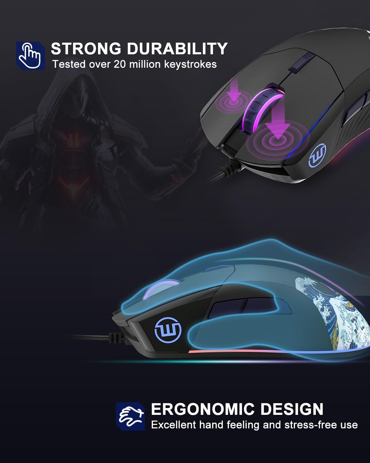 COSTOM Womier G705 USB Wired Gaming Mouse for PC Computer Windows Mac Laptop, Lightweight Silent RGB Backlit Mouse with Adjustable 12000DPI/7 Programmable Side Buttons,Black Kanagawa Theme