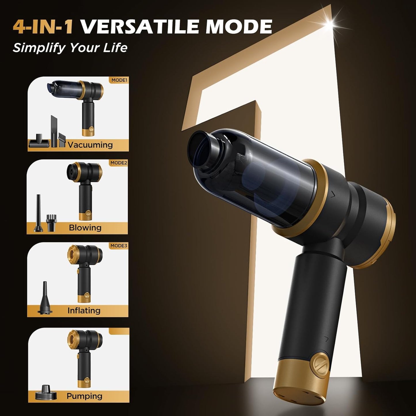 Handheld Car Vacuum with 15000PA Power, 4 in 1 Small Powerful Cordless Vacuum Cleaner & Air Duster with 2000mAh Battery, Rechargeable Portable Mini Hand Held Vacuum for Car, Home,Office,Pet Hair（Gold）