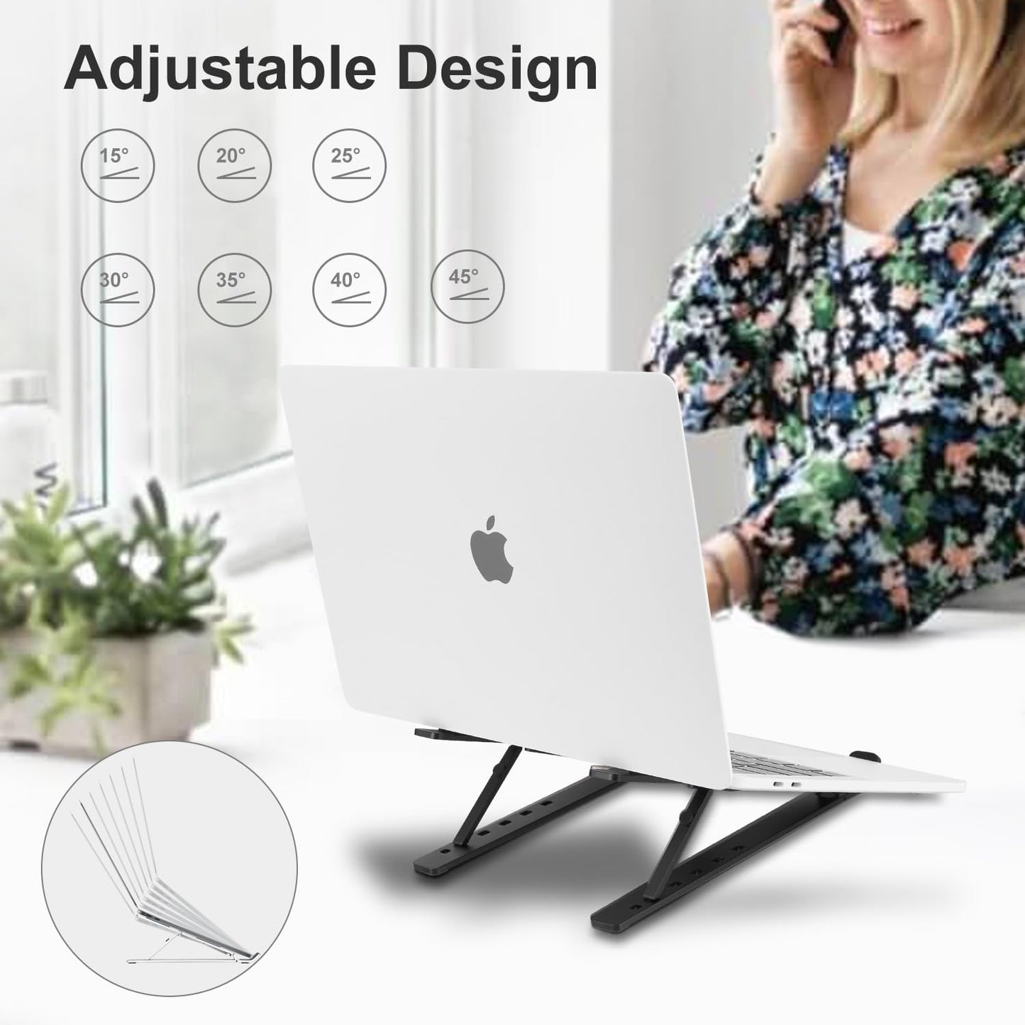Ergonomic and Foldable Laptop Stand for Desk, Adjustable Riser, Fits All Laptops and Notebooks up to 17,Ultra-Thin,Ventilated Cooling,ABS+Silicone,Black.