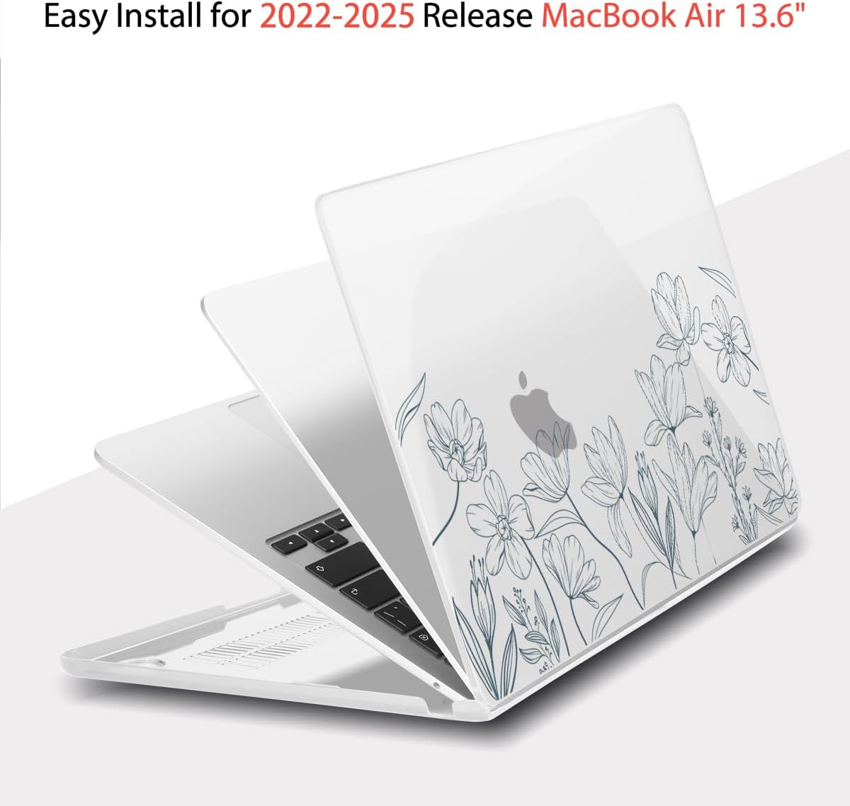 Teryeefi for 2025 2024 2023 2022 MacBook Air 13.6 inch Case M2 M3 M4 Model A3240/A3113/A2681, Glossy Plastic Hard Shell Cover with Screen Protector & Keyboard Cover & USB 3.0 Adapter, Wild Flowers