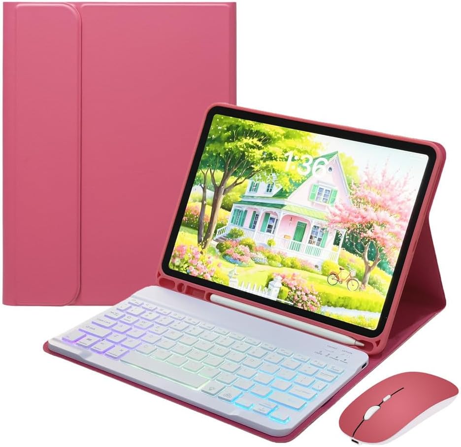 for iPad 9.7 inch 6th/5th Generation, Air 2, Air, iPad Pro 9.7 Keyboard Case with Mouse and Rainbow Backlit Detachable Bluetooth Keyboard Cover,DarkPink