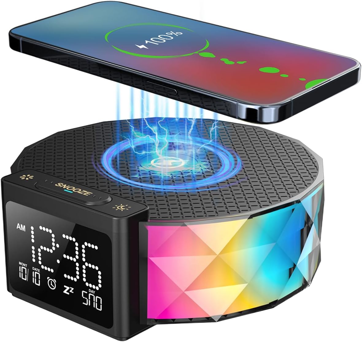 Alarm Clock with Fast Wireless Charging 15W,Digital Alarm Clock Night Lamp for Bedroom, RGB Nightlight for 5 Colors,Snooze Mode,8 Types of Music with Cable (Black)
