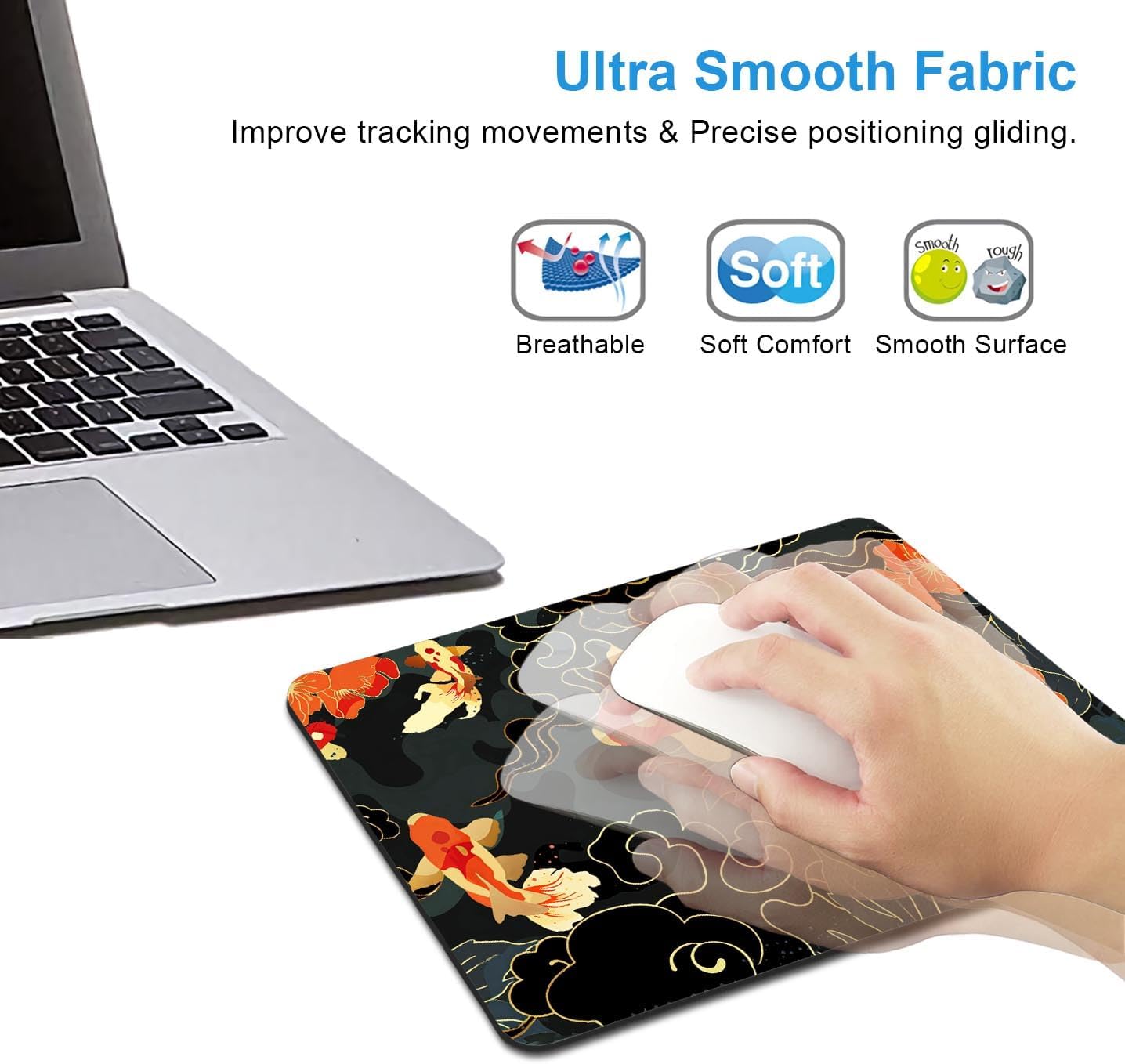 IMAYONDIA Japanese Koi Mouse Pad, Black Gold Gaming Mouse Pad, Anime Mousepad with Non-Slip Rubber Base, Computer Mouse Mat Office Accessories Decor Gift, 9.5 x 7.9 Inch