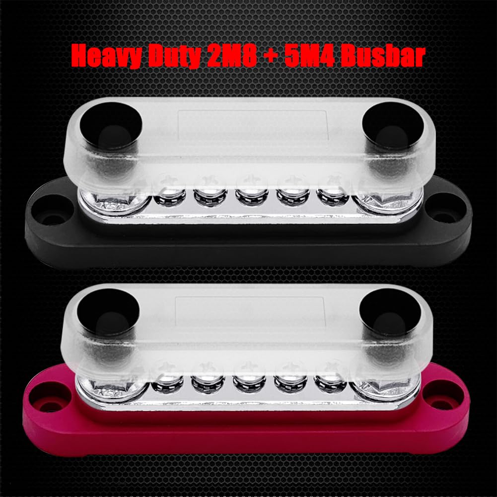 2 x M8 (5/16") Power Distribution Block Bus Bar 12V with 5 x M4 (#8) Screws, Ampper 4.3" 200A Marine BusBar Battery Distribution Block W/Cover for Car Boat Solar (Red & Black)