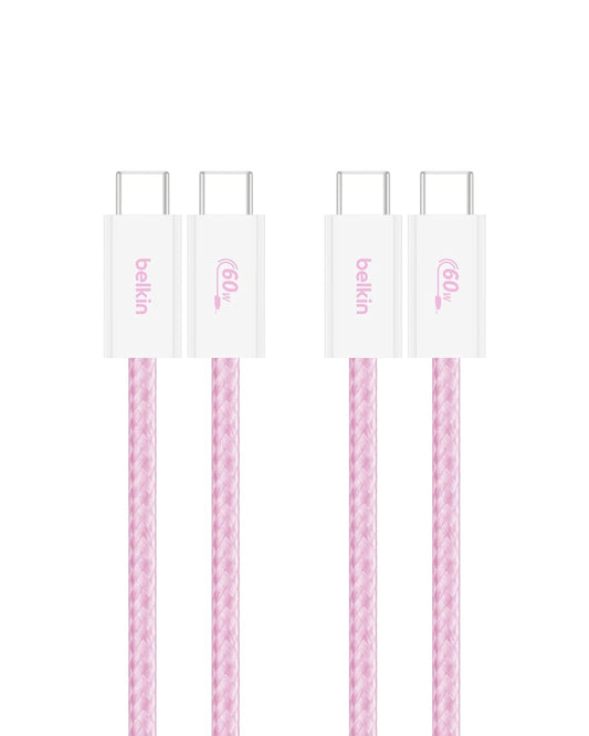 Belkin USB C to USB C Cable 2-Pack, 3.3ft, 60W - Type C Charger, iPhone Charger Cord, Soft, Braided, Flexible for iPhone 16, Galaxy S25, Pixel 9, Airpods, iPad Pro & More, Travel Essentials - Pink