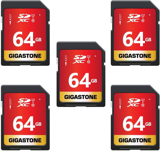 GIGASTONE 64GB SD Card 5-Pack UHS-I U1 Class 10 SDXC Memory Card High Speed Full HD Video Canon Olympus Digital Camera, with 5 Mini Cases