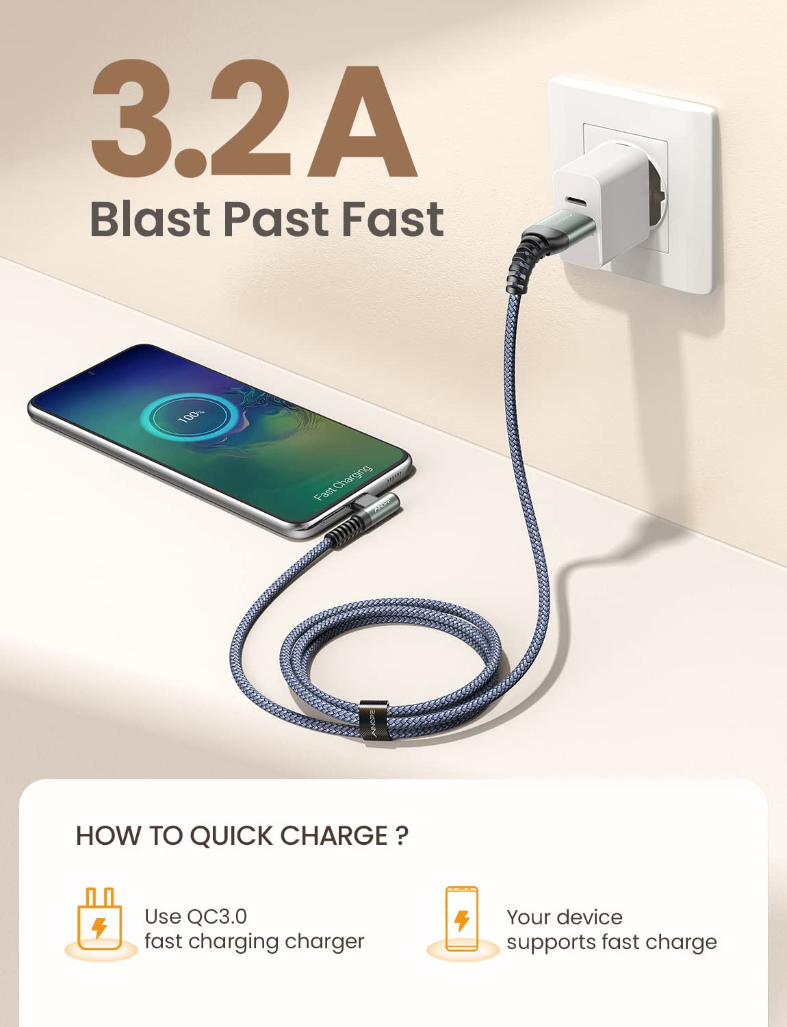 AINOPE USB C Cable 4-Pack [10/6.6/3.3/3.3FT] 3.2A 90 Degree USB C Cable Packs, Nylon Braided Angled USB C Cable Fit for Galaxy S10 S9 S8 Plus S21, Note 10 9 8, LG, Galaxy S21 Charger Fast Charging