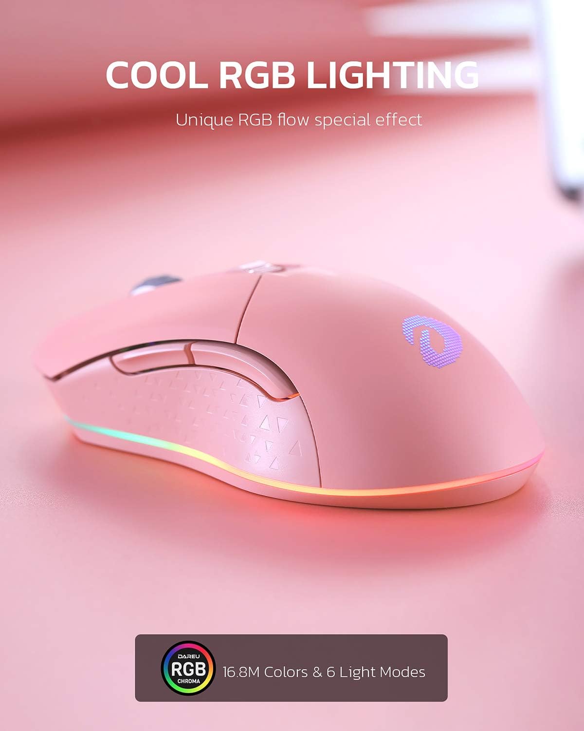 DAREU Pink Wireless Wired Gaming Mouse Dual-Mode Rechargeable 7 Programmable Buttons,10K DPI,RGB and 7 Adjustable DPI Levels up to [150IPS] [1000Hz Polling Rate] for PC Notebook Mac