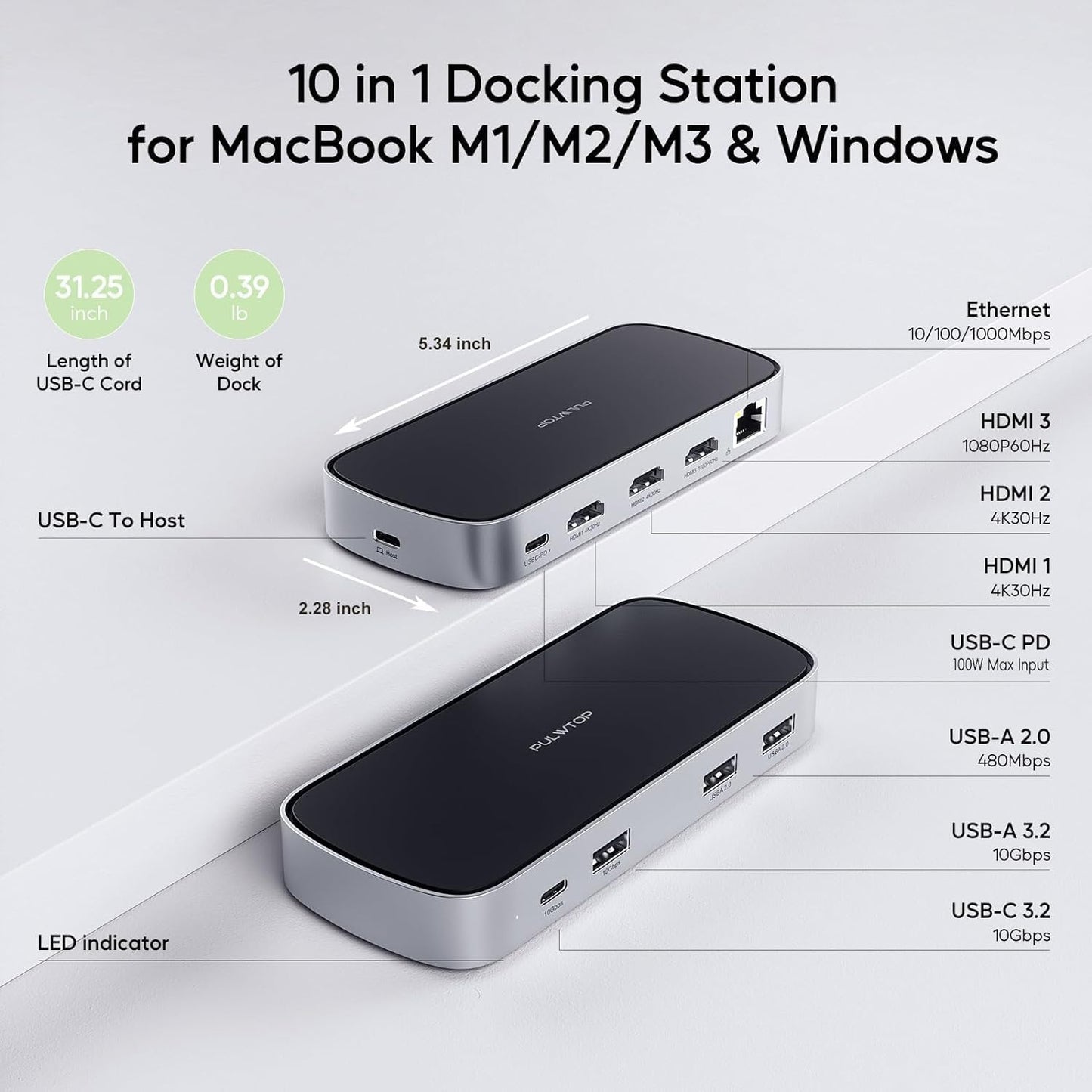 Laptop Docking Station - Triple USB-C, Dual 4K Display, Macbook M1/M2/M3/Windows, USB-A, Ethernet