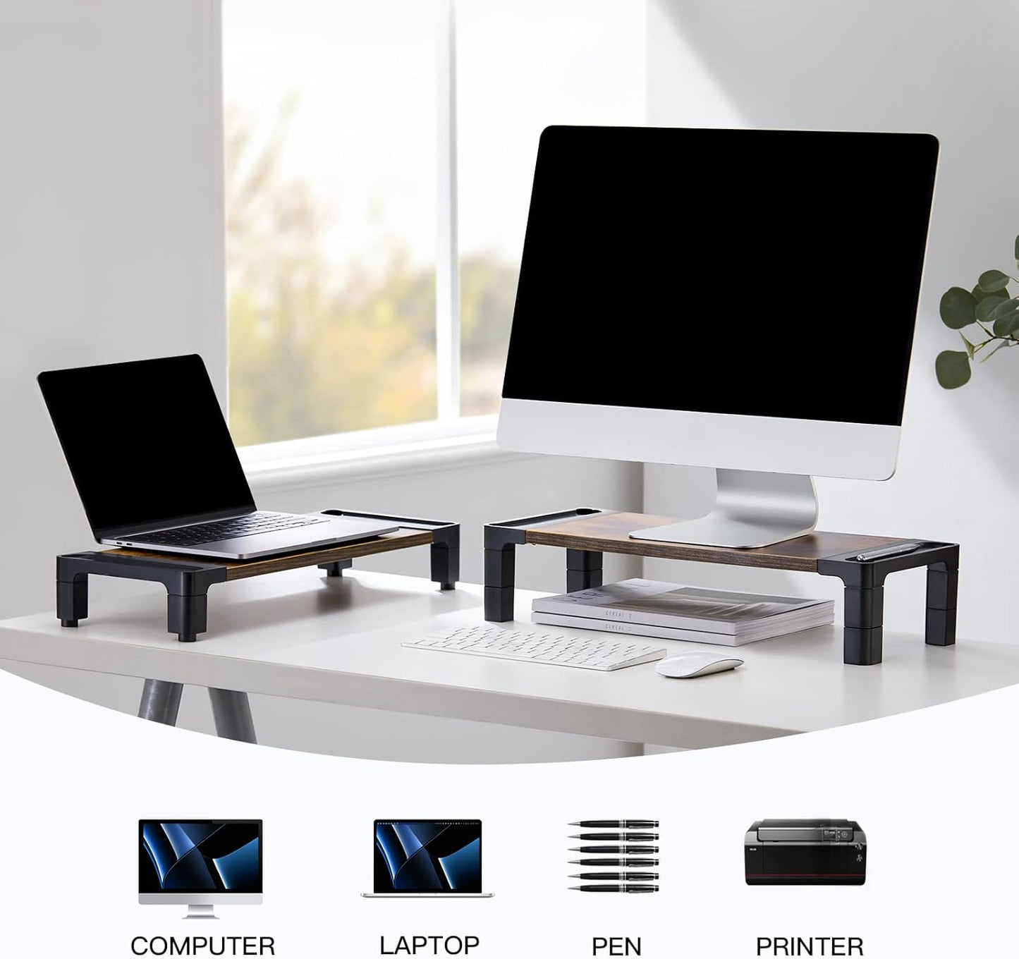 HUANUO Monitor Stand Computer Riser, Monitor Stand for Desk with Adjustable Height and 2 Platforms, Ergonomic Computer Riser, Monitor Riser for Laptops and Monitors, HNMS04V