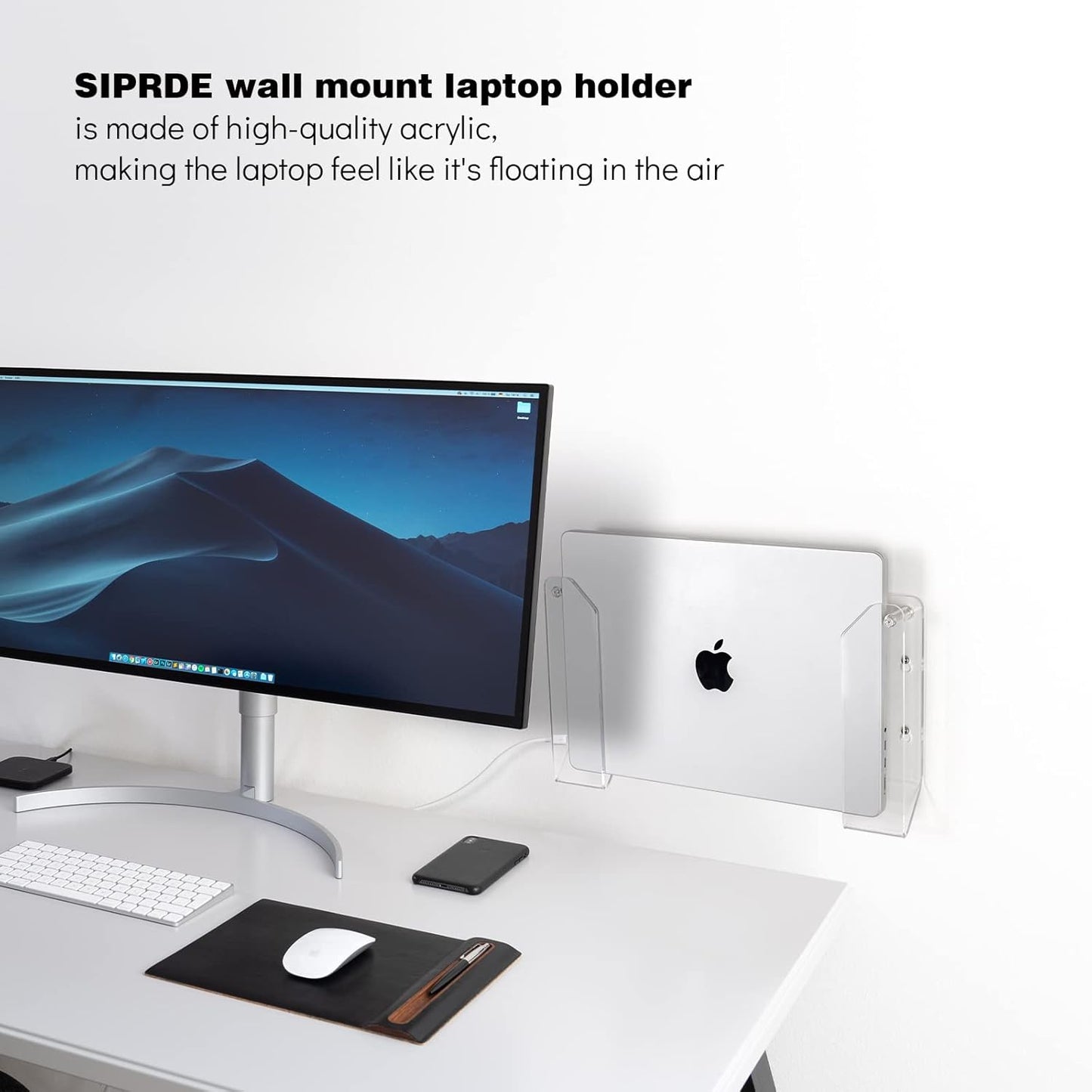 SIPRDE Wall Mount Laptop Holder - Also Available as an Under Desk Laptop Mount, Clear Acrylic, with Adhesive & Screw, for Macbooks, Surface, Keyboards, Switch, Tablets & More
