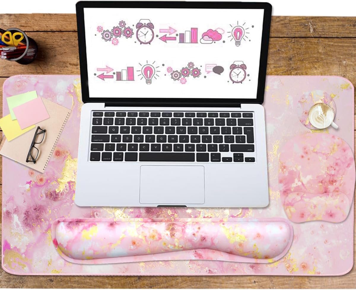 Keyboard Wrist Rest Large Mouse Pad Wrist Support for Computer, 4 in 1 Memory Foam Keyboard Pad Desk Mat Ergonomic Hand Rest Wrist Cushion for Home Office Gaming - Pink Gold