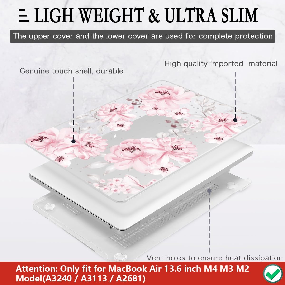 CISSOOK Compatible with MacBook Air 13.6 inch Case M4 M3 M2 Chip 2025 2024 2023 2022 Release, Plastic Hard Shell Case Keyboard Cover Screen Protector for Mac Air 13 A3240 A3113 A2681, Cute Pink Flower