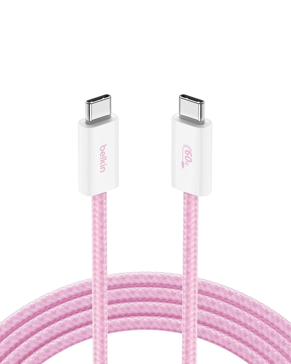 Belkin USB C to USB C Cable, 6.6ft, 60W - Type C Charger, iPhone Charger Cord, Soft, Braided, Flexible for iPhone 16, Galaxy S25, Pixel 9, Airpods, iPad Pro, Tablet & More, Travel Essentials - Pink