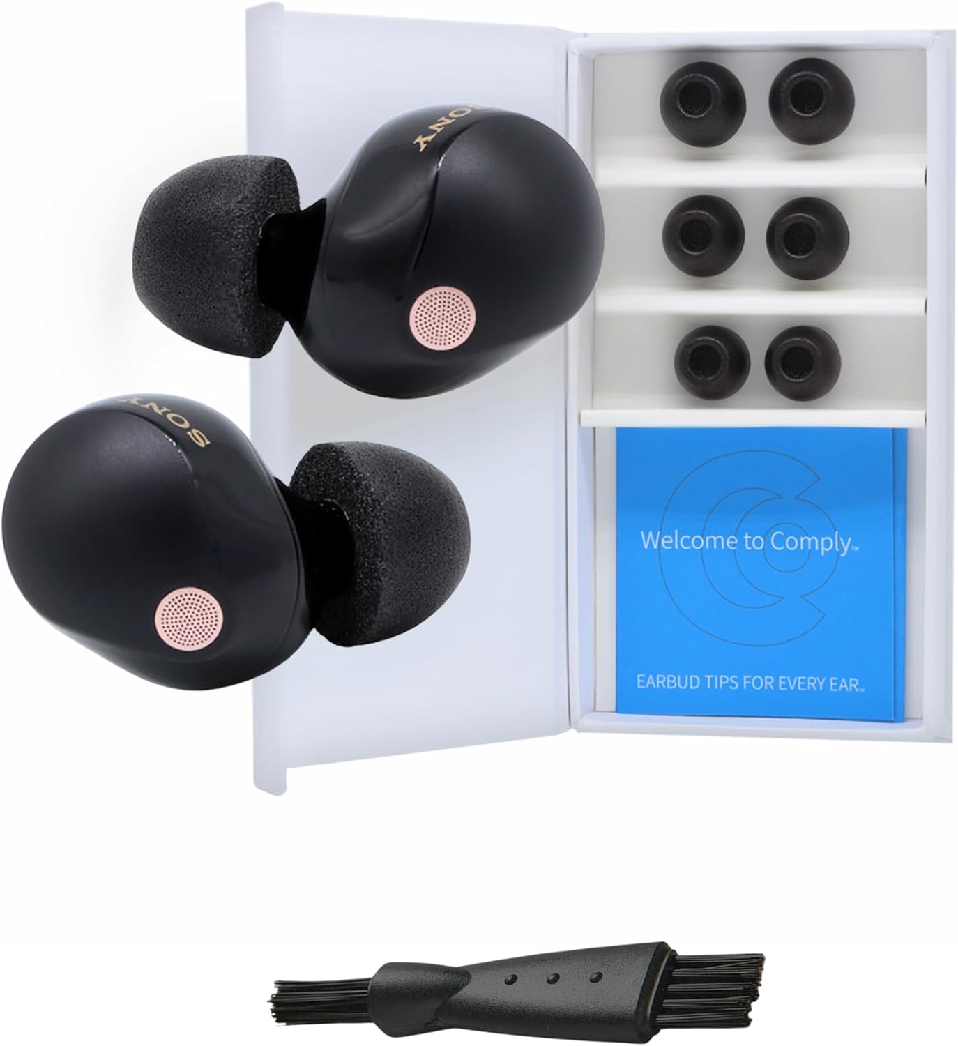 Comply TrueGrip | Premium Memory Foam Replacement Earbud Tips for Sony True Wireless Earbuds | Enhanced Comfort, Secure Fit, Superior Noise Isolation, Cleaning Tool | Black, Medium (3 Pairs)