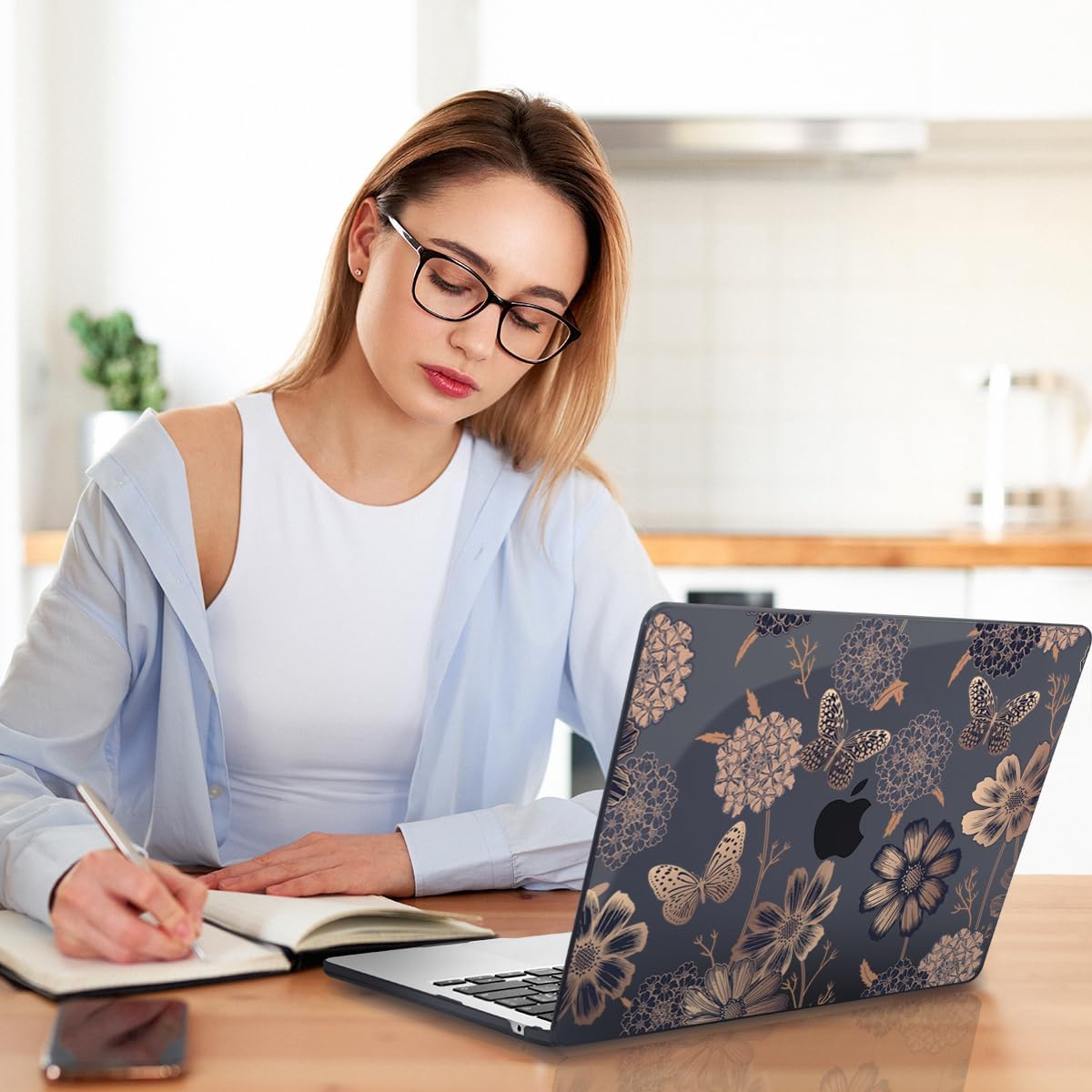 Teryeefi for MacBook Air M2 M3 M4 13.6 Case 2022 2023 2024 2025 Release A2681 A3113 A3240, Clear Hard Shell with Keyboard Cover & USB 3.0 Adapter & Screen Protector, Gold Floral Butterfly