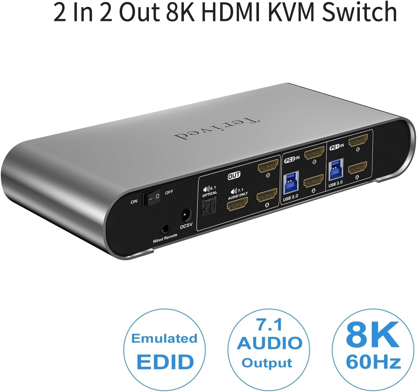 2 Computers 2 HDMI Monitor Automatic KVM Switch 8K@60Hz, Hotkey Switching, EDID, Support 5.1/7.1 Audio and Microphone, Aluminum Shell with Digital Display, USB 3.0 Hub, HDR10 with Cables