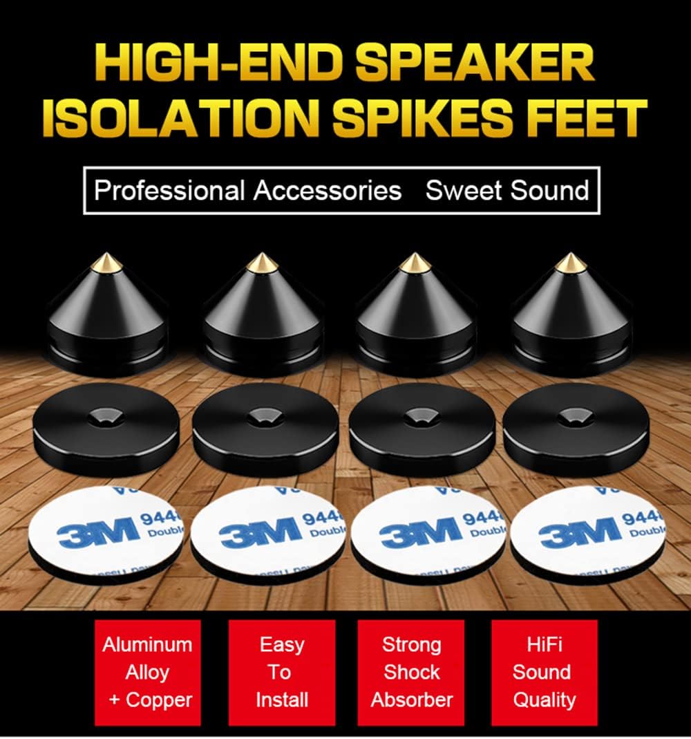 4Pcs Speaker Isolation Spikes Floor Protectors Shockproof Speaker Isolation Spikes with Base Pad for Speaker,Subwoofer,Amplifier,Turntable,Recorder CD DAC with 3m Adhesive (Black)