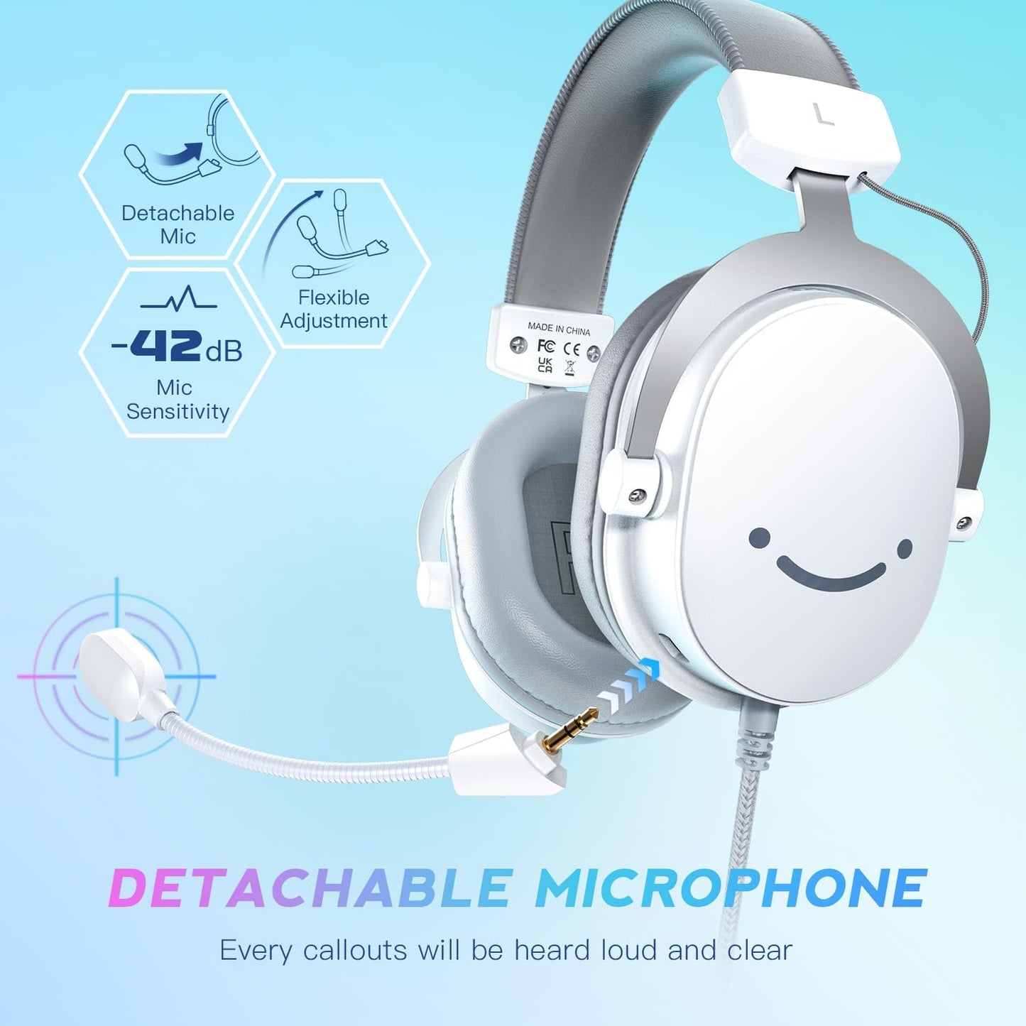 FIFINE USB PC Gaming Headset with 3.5mm Audio Jack, Detachable Microphone, 7.1 Surround Sound, Volume Control, Streaming Over-Ear Wired Headphones for Computer, PS5, Controller, Xbox-H9 White