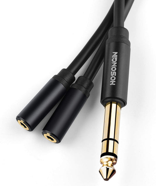 HOSONGIN 1/4 inch TRS to Dual 3.5mm Female Y Cable, 1.5ft, Black Copper Wire & Gold Plated Connectors, Compatible with Headphones