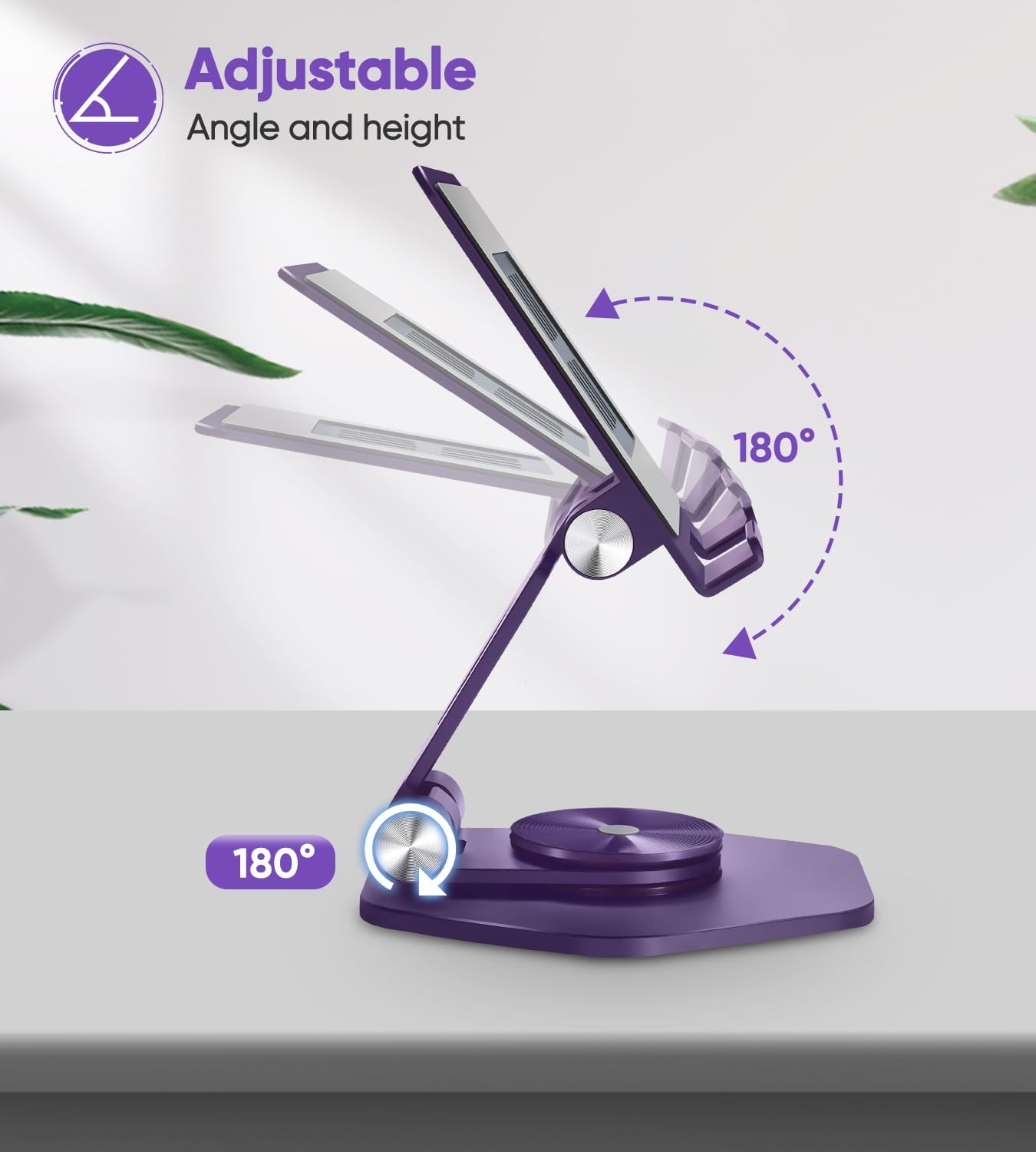 Foldable Aluminum Tablet Stand for Desk, 360° Swivel iPad & Tablet Holder – Portable & Stable Desktop Mount for 5–12.9in Devices, Purple