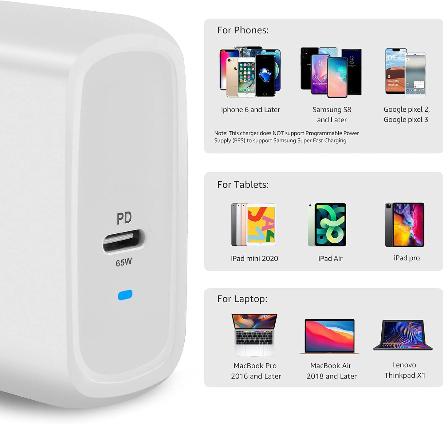 Amazon Basics 65W One-Port GaN USB-C Wall Charger with Power Delivery PD, Foldable Plug, for Laptops, Tablets & Phones, White